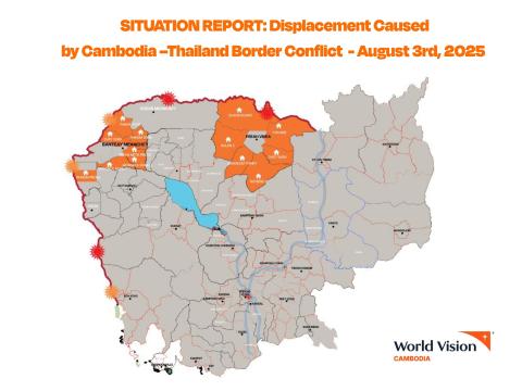 Over 172,000 people have been displaced by ongoing border conflict, with many still sheltering in Preah Vihear and Oddar Meanchey despite a ceasefire. World Vision International in Cambodia has launched a Category I Emergency Response, reaching over 53,000 people in 56 safety centres. Support includes clean water, food, hygiene kits, education, and child protection services such as Child-Friendly Spaces and psychosocial care. In partnership with local authorities and NGOs, World Vision is addressing urgent