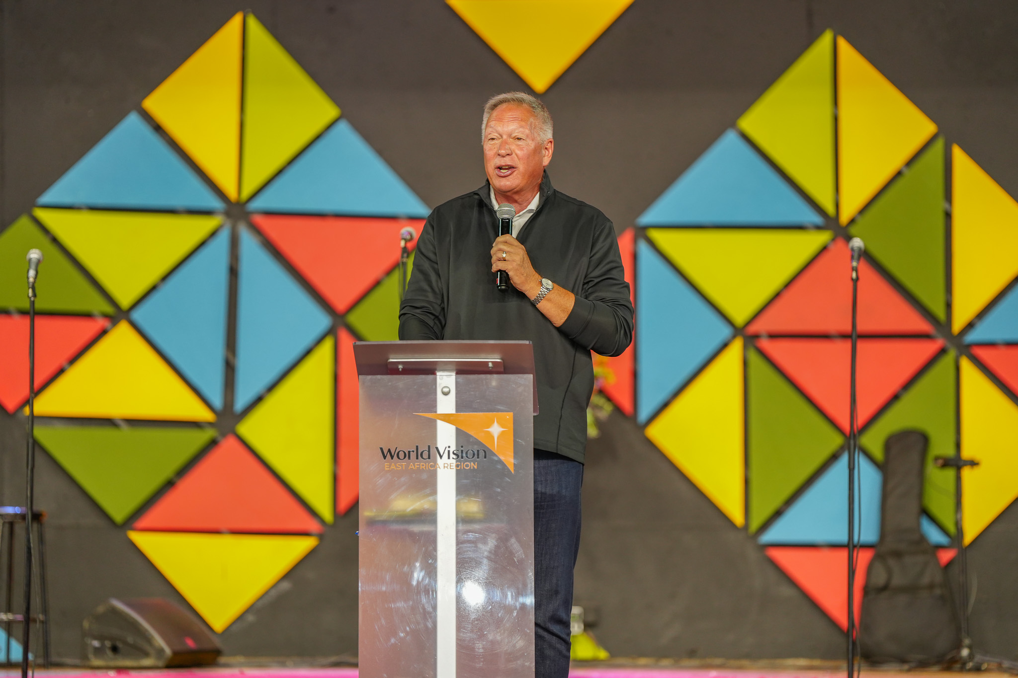 David Ashcraft, President and CEO of the Global Leadership Network, speaking passionately during the FY25 World Vision Kenya Annual Prayer Day at Nairobi Chapel, Nairobi. © World Vision/Samuel Kisambe.