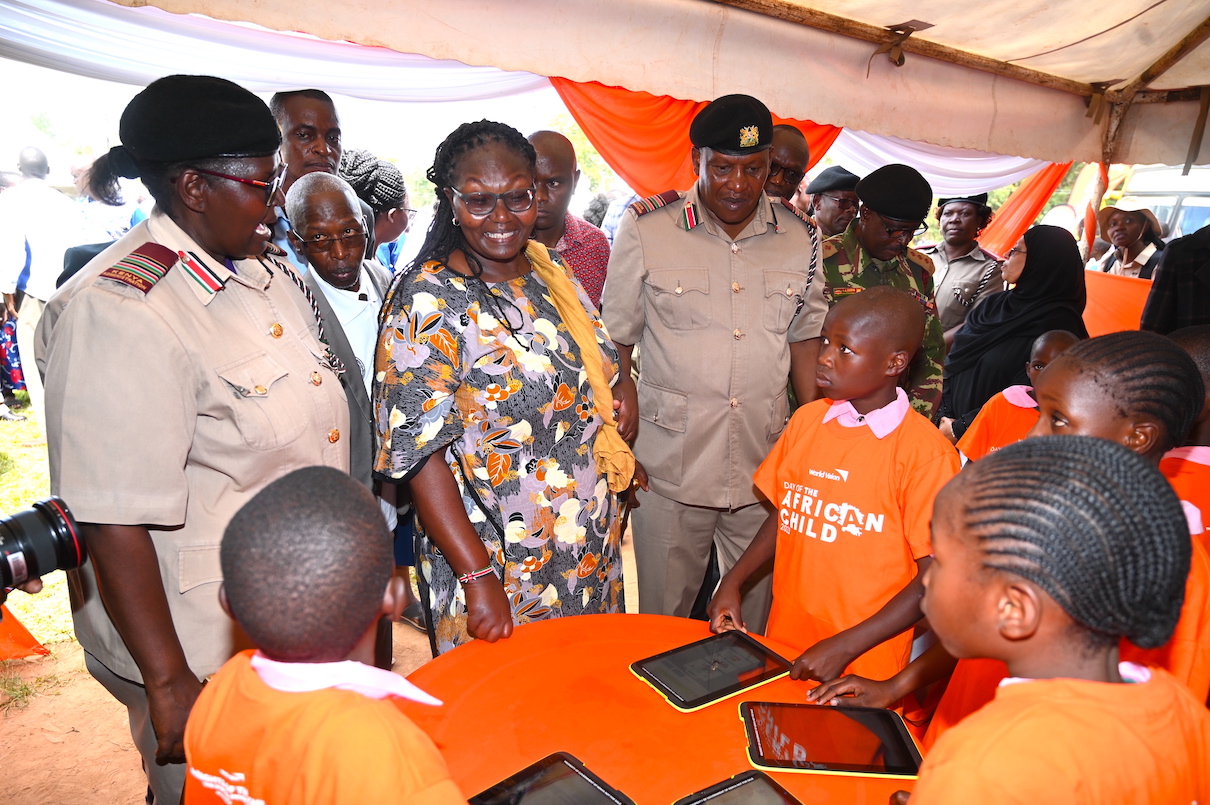 Children offer insights on how the digital learning literacy project, implemented by World Vision in partnership with the government, has improved their education performance in school. This was during the 2023 Day of the African celebrations in Busia County. ©World Vision Photo/Allan Wekesa.