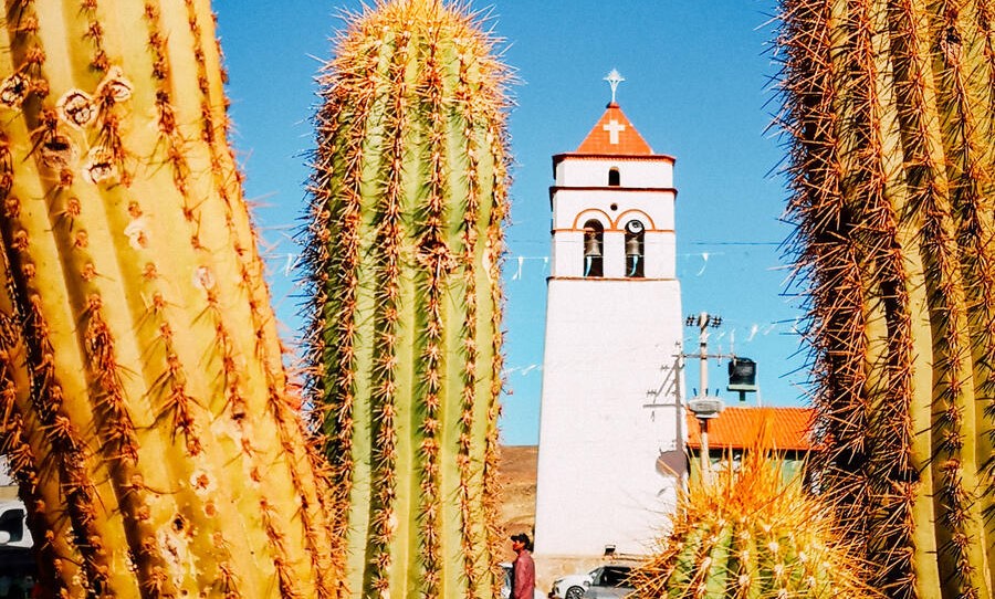 A landscape of a church in Bolivia