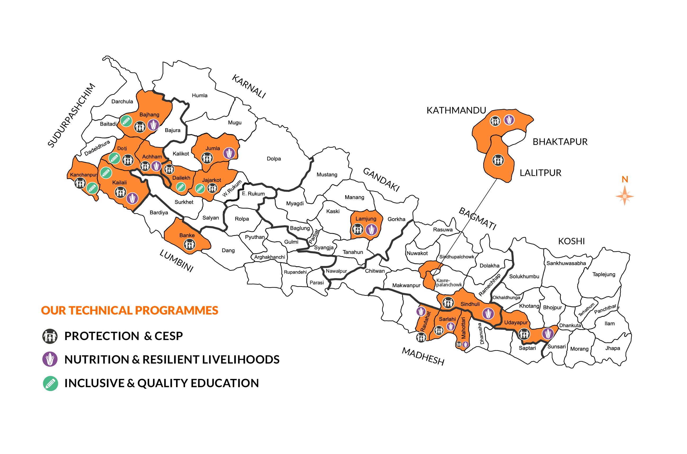 Map of WVI Nepal showing all working districts