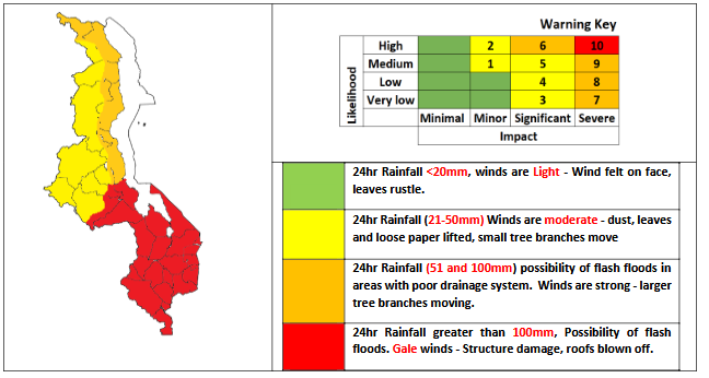 The torrential rains will be accompanied by possible damaging winds with high likelihood of flash flooding in the areas highlighted in colours red, orange and  yellow.