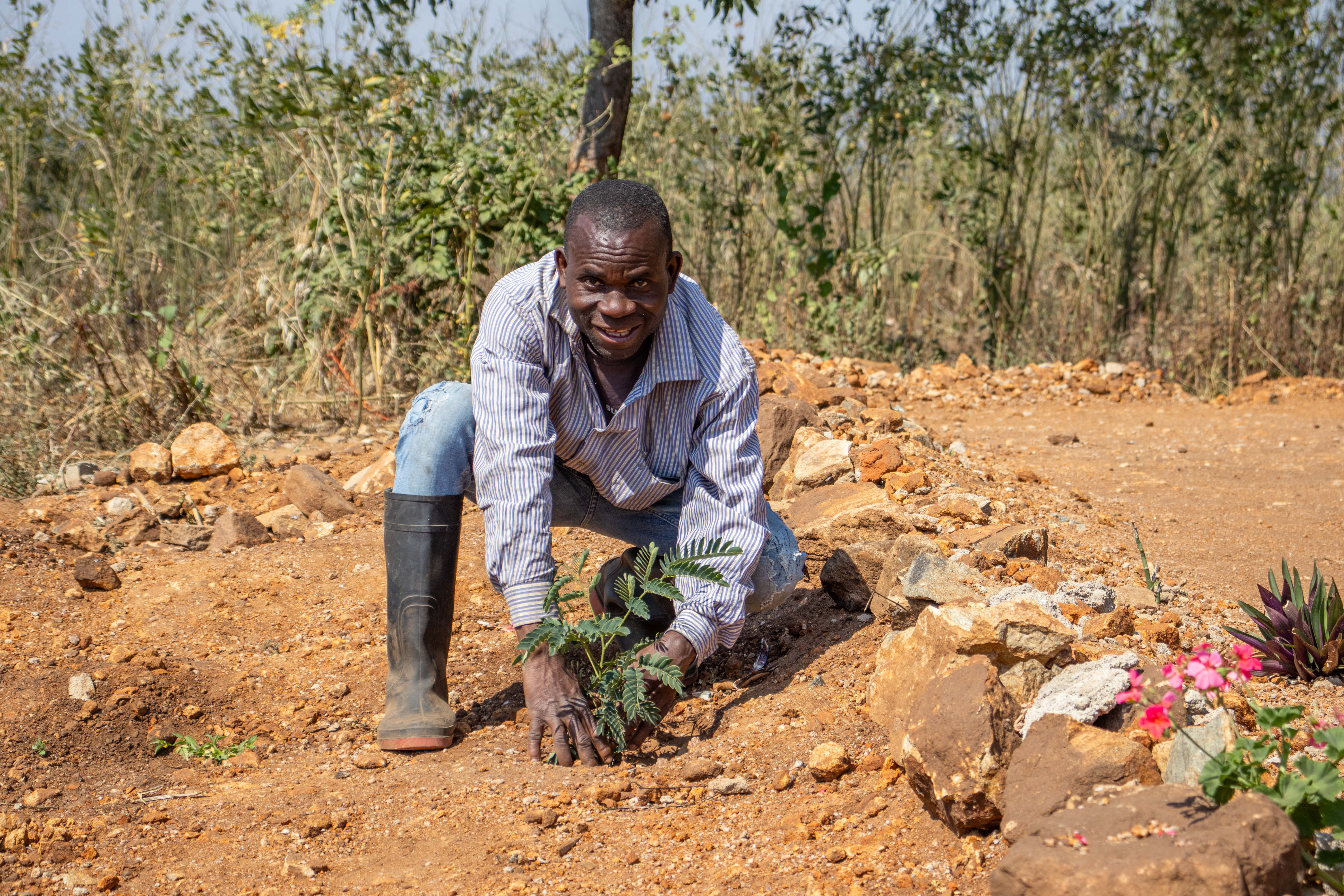 Enock Mungomo, chairperson of the village natural resources management association planting a tree.