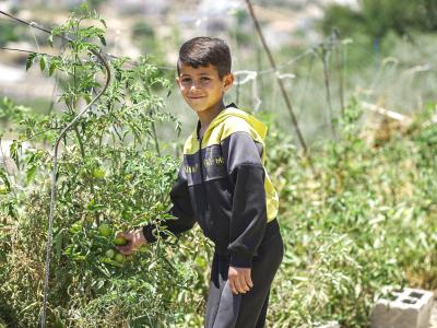 Palestinian boy in a garden