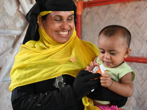 Ankis is one of 16,300 Rohingya children under age 5 who are receiving life-saving supplementary food through World Vision’s malnutrition prevention and treatment programme. More than 4,000 pregnant and lactating women, including Ankis’s mother, Sowkat, are also benefitting from the year-long programme. 