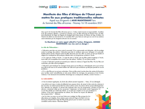 Manifeste des filles d’Afrique de l’Ouest pour mettre fin aux pratiques traditionnelles néfastes