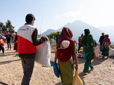 Essential relief items including food and non-food shelter kit distributed to earthquake-affected households in Nalgad Municipality, Jajarkot,Nepal