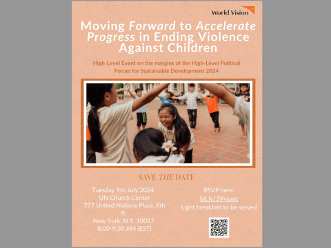 Flyer for side event with children laughing in a circle