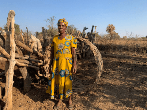 Violet Mudzemba standing besides her cattle kraal