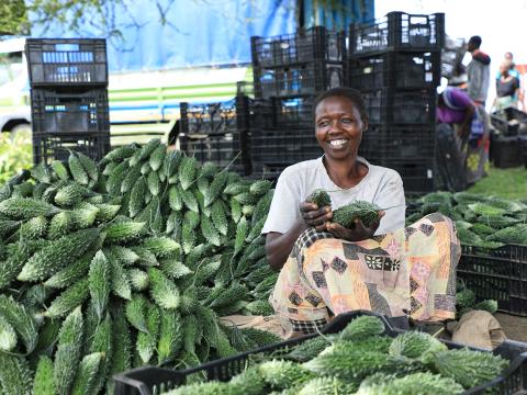 Farmer from Tanzania holds up a bitter gourd, a new crop that has helped improve the well-being and economies of families in Tanzania