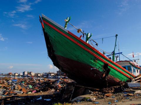 A boat washed up on an Indonesian shore after the 2004 tsunami