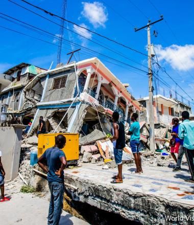 Collapsed building in Haiti following 7.2 earthquake